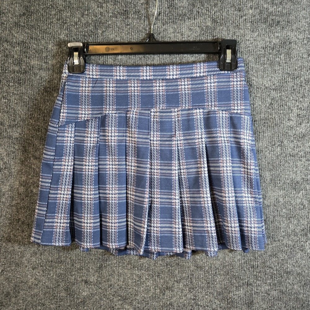 SO Mini Skirt Girls L Blue Plaid Pleated Knit Stretchy Waist Preppy Academia